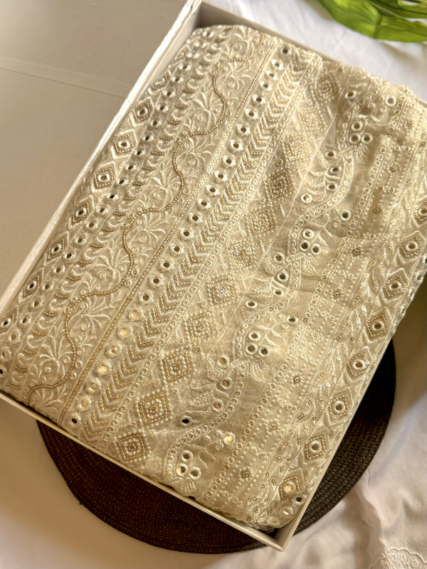 Elegant White 3-Piece Chikankari Dress (Unstitched)